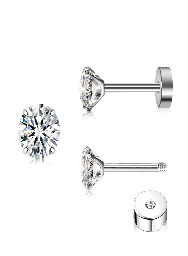 ZDE Women Flatback Earrings Cubic Zirconia Silver Titanium Stud Earrings Flat Back CZ Hypoallergenic Cartilage Tragus Helix Conch Piercing (4MM) - Image 1